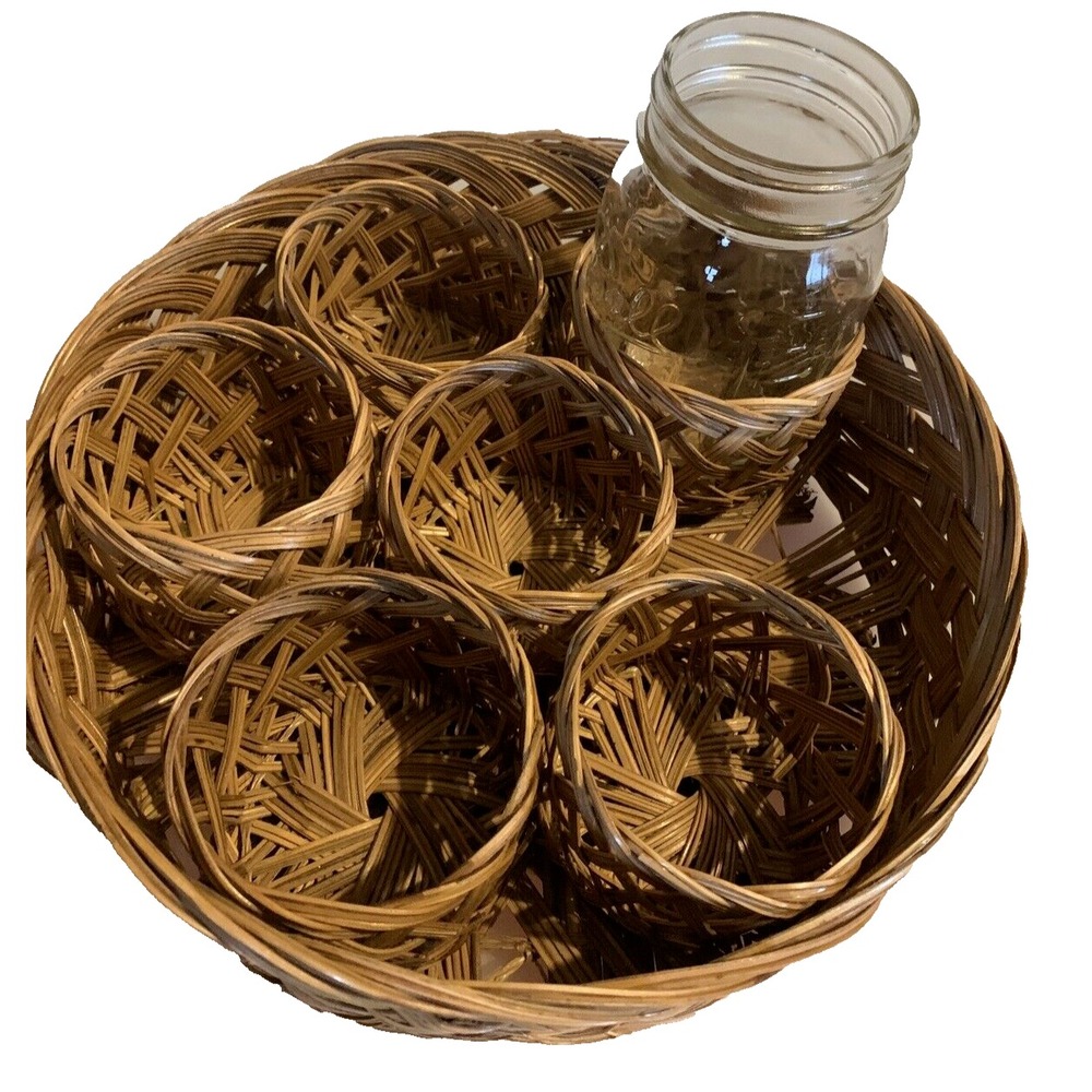Boho Wicker Serving Tray w/(6) Drink Holders Barware Party picnic Rattan MCM
